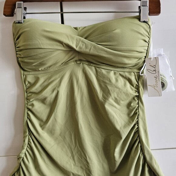 New Anne Cole Olive Green  Twist Front Bandeau Strapless  Tankini Top - Picture 2 of 12